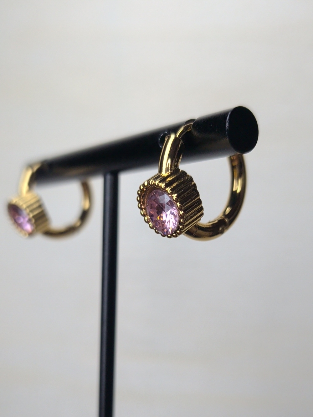 18k Gold Plated Huggie Earrings with Pink Cubic Zirconia